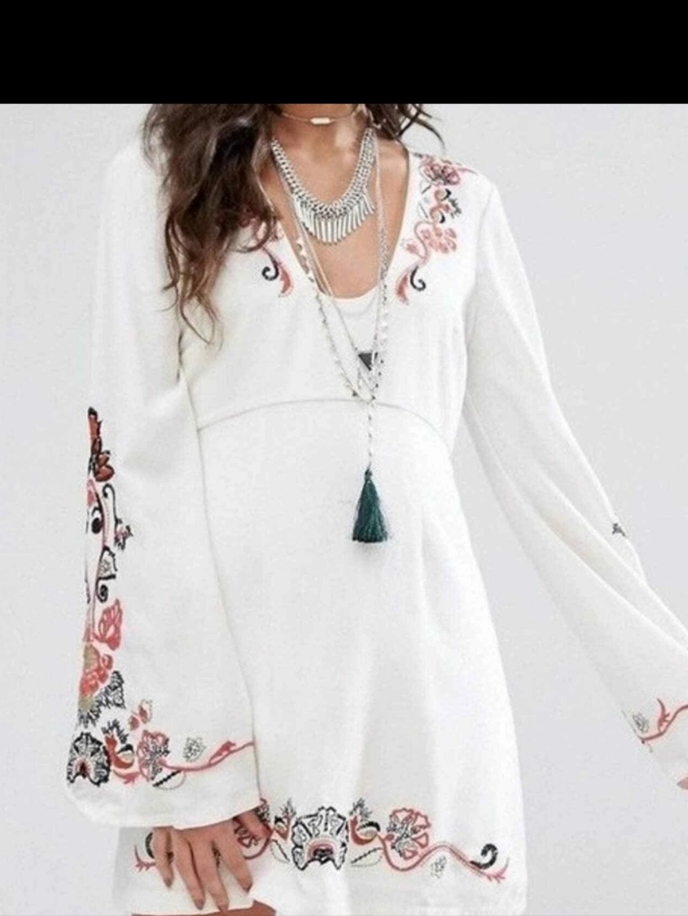 Free People White Mini Dress with Pink & Black Floral Embroidery